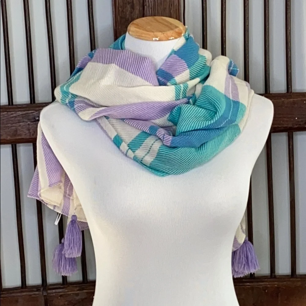 TALBOTS LAVENDER/TURQUOISE 💯 WOOL SCARF W‎ POMPOMS